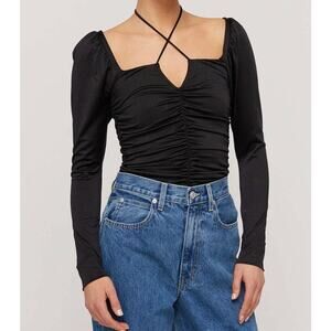 GANNI Shiny Crepe Jersey Ruched Blouse Womens 36 Black Tie Neck Long Sleeve Top